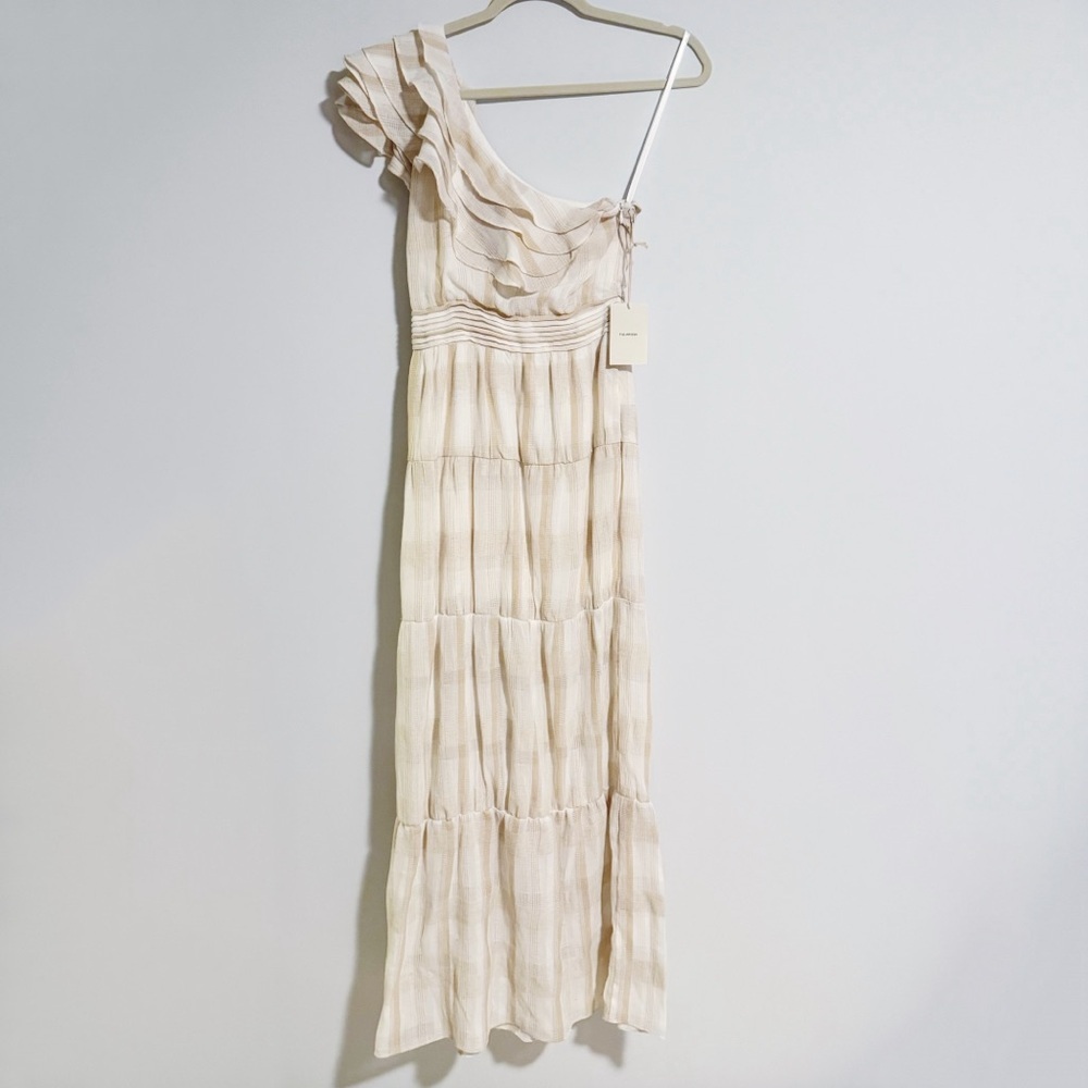 Tularosa - Cream and Tan One Shoulder Ruffle Dress